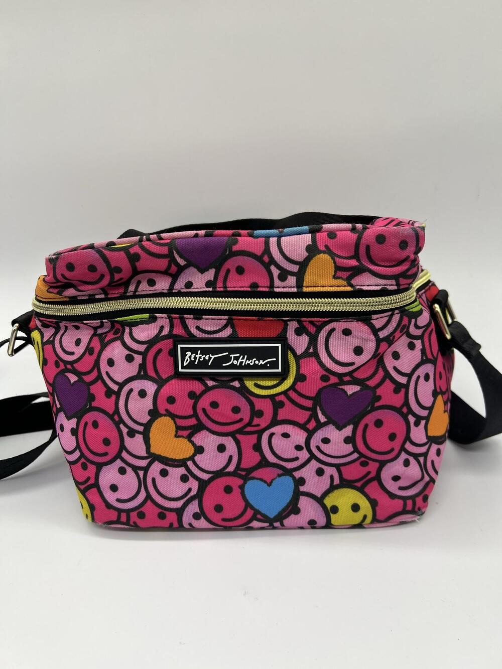 Betsey Johnson Smiley Face Hearts Lunch Bag Pink Kids Insulated Strap Novelty